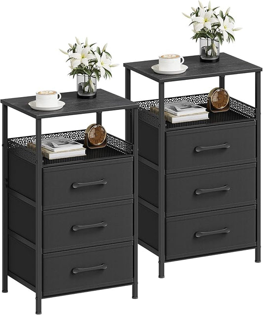 Nightstand Set of 2, Night Stands with 3 Fabirc Drawers, 26.4 Inch Tall Bedside Table with Metal Shelf, Modern Side End Table Storage Furniture, Small Dresser for Bedroom, Black