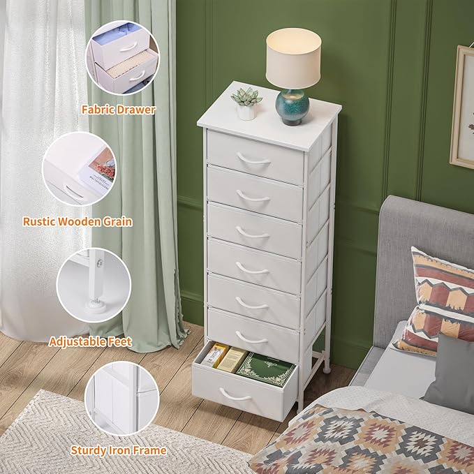 Fixwal Tall Dresser for Bedroom, Storage Dresser Organizer with 7 Fabric Drawers, Nightstand Furniture in Closet, Entryway, Hallway，White