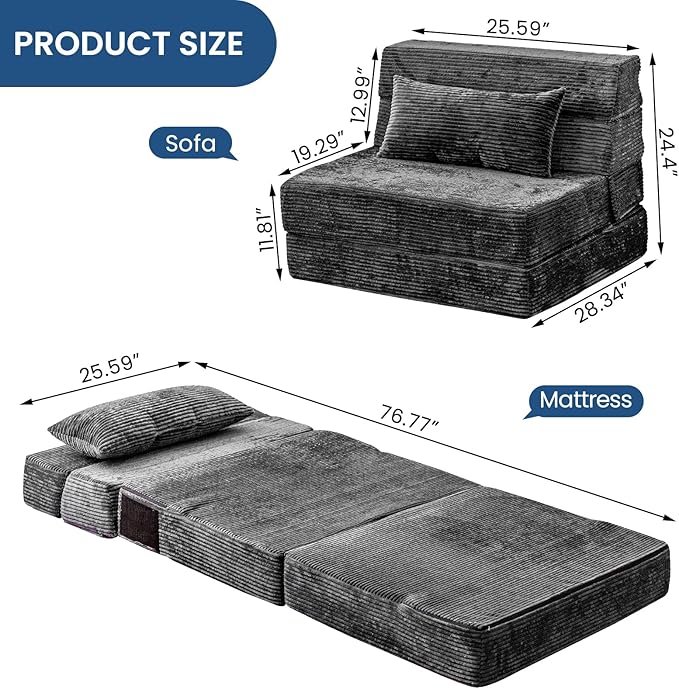 Cvortll Folding Sofa Bed, Convertible Sleeper Chair with Pillow, High Density Memory Foam Fold Out Couch, Foldable Mattress Futon Sofa for Living Room/Dorm/Guest Use/Apartment/Home Office