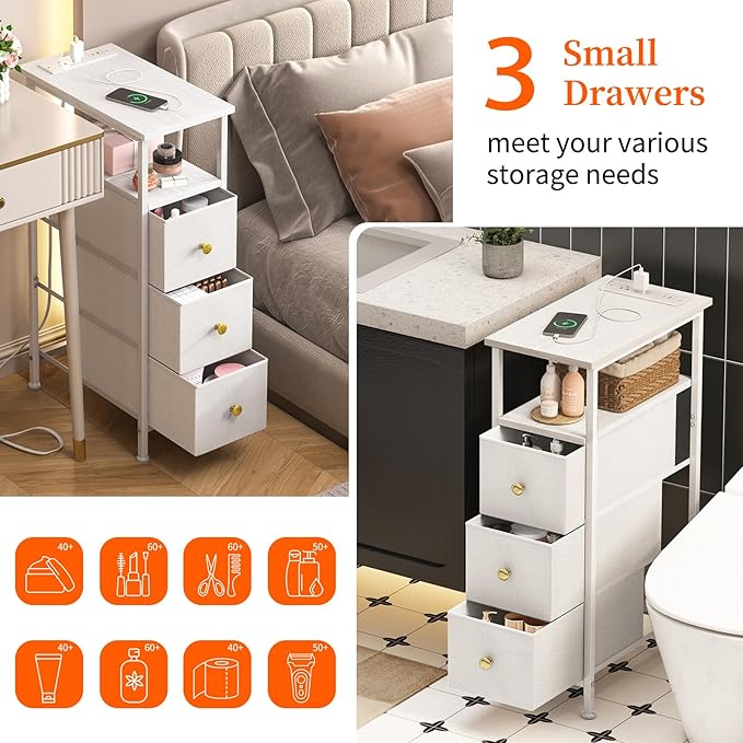 Fixwal Small Nightstand Narrow White Dresser with Charging Station, Skinny Nightstand with 3 Fabric Drawers, Dorm Silm Bedside Table for Small Spaces Bathroom, Bedroom, Laundry