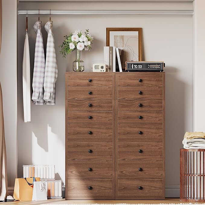 LIKIMIO Tall Dresser, Small Dressers with 8 Storage Drawers, Chest of Drawers for Organizing, Tall Narrow Dresser for Bedroom, Walnut