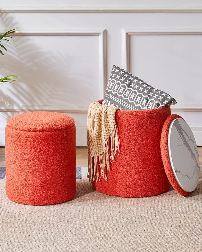 IBUYKE Storage Ottoman Set of 2 Round Ottoman Fleece Vanity Stool with Storage Velvet Footrest Stool End Table Boucle Ottoman for Home Organization UWBD015J