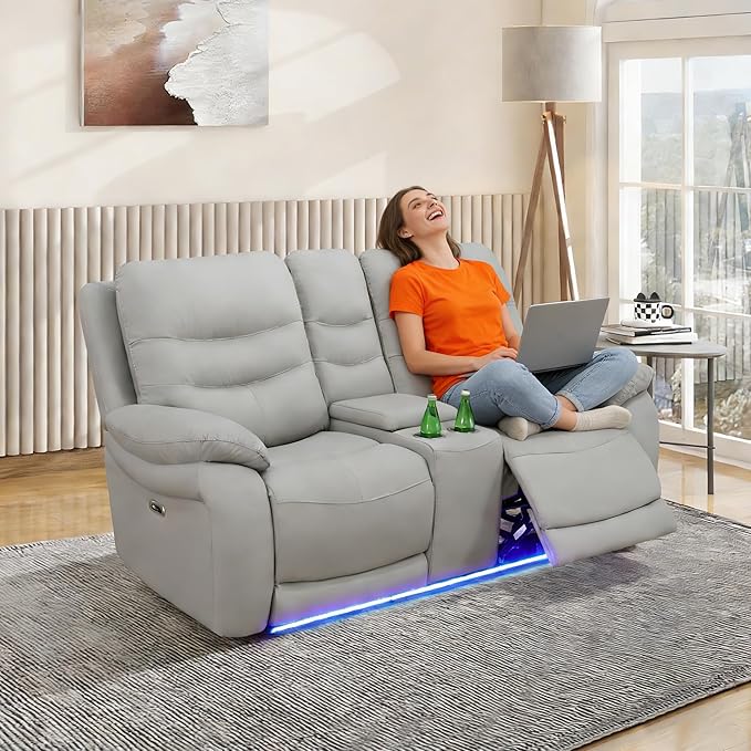 Power Recliner Sofa Set with LED, Air Leather Living Room Furniture Set, 3 Piece Couch Reclinig Furniture Set with USB Port, Cup Holders&Storage for Living Room (Light Grey)