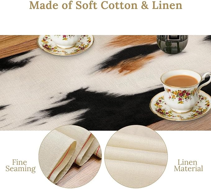 Cowhide Table Runne Vintage Cow Print 3D Rustic Theme Animal Fur Skin Farm Dining Table Decoration for Kitchen Dining Room Holiday Party Decor 13x90in