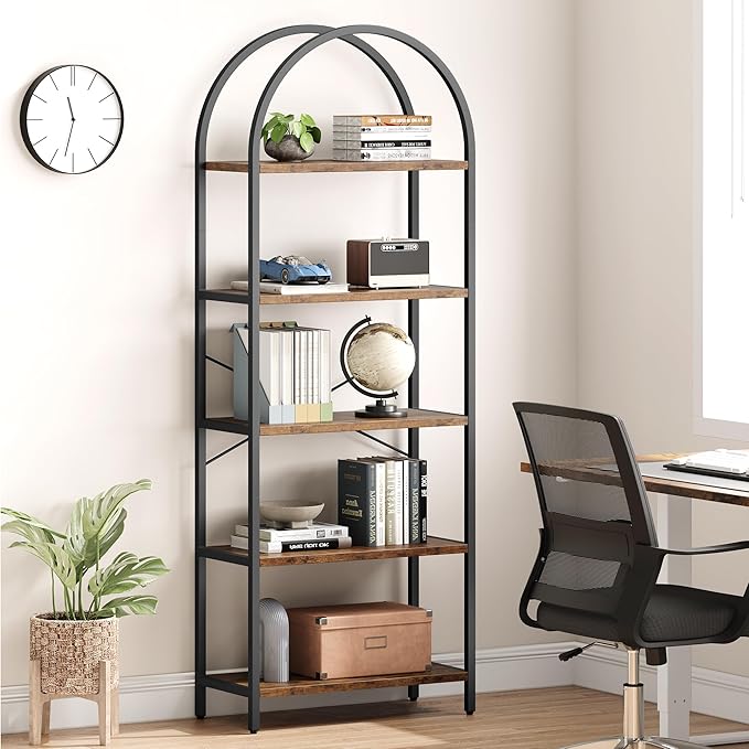CABIHOME Bookshelf Tall Bookcase Arched Standing Bookshelves Modern Display Racks 5 Tier Storage Rack Shelf Large Wood Book Shelf for Bedroom, Living Room, Home Office