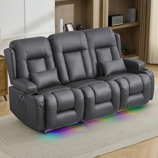 TUNYI Wall Hugger Loveseat Recliner Sofa with Console, Power Reclining Loveseat RV Couch with Massage & Heat/USB/Outlet/Storage/LED Light/Speaker (Light Grey, 3 Seat)
