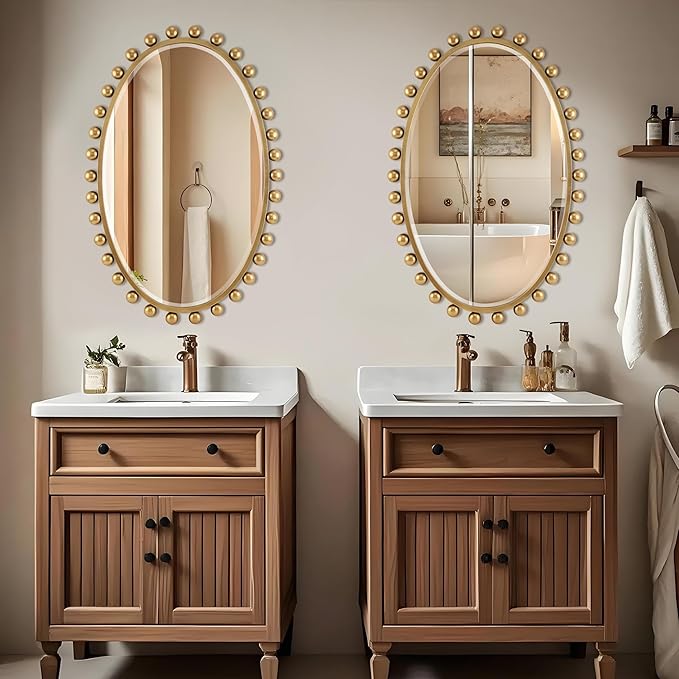 24"x36"Oval Wall Mounted Bathroom Mirror with Beveled Glass, Antique Gold Beaded Ball Frame, Vertical & Horizontal Hanging Vanity Wall Mirror for Bathroom, Bedroom, Entryway, Dressing Room