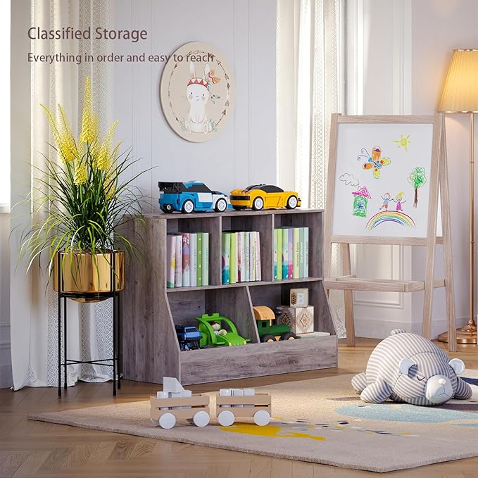 DINZI LVJ Toy Storage Organizer, Kids Bookshelf, Wood Toy Storage Cabinet, 5 Cubby Children Bookcase, 39.4" L Toddler Book Shelf for Playroom, Living Room, Nursery, Hallway, School, Greige