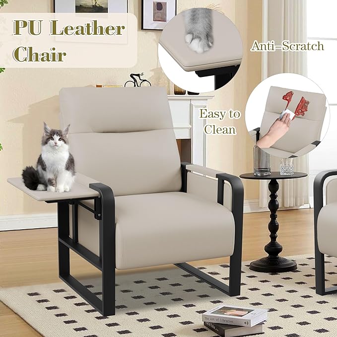 Modern Accent Chair PU Leather Upholstered Armchair with Tray Table for Bedroom Living Room Chairs Office Chair Beige