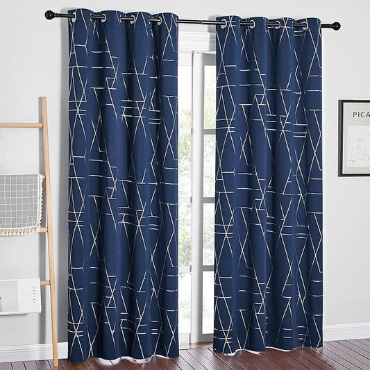 NICETOWN Blackout Curtain Panels 84 inches Long, Window Treatment Foil Printed Line Pattern Thermal Insulated Grommet Blackout Drapes for Living Room/Office/Guest Room (Navy, 1 Pair, 52 inches Wide)