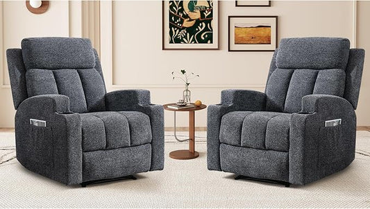 CANMOV Manual Massage Heat Recliner Chair Set of 2, Soft Fabric Recliner Chair with Overstuffed Arm and Back, Manual Reclining Single Sofa with 2 Cup Holders, Side Pocket for Living Room, Dark Grey