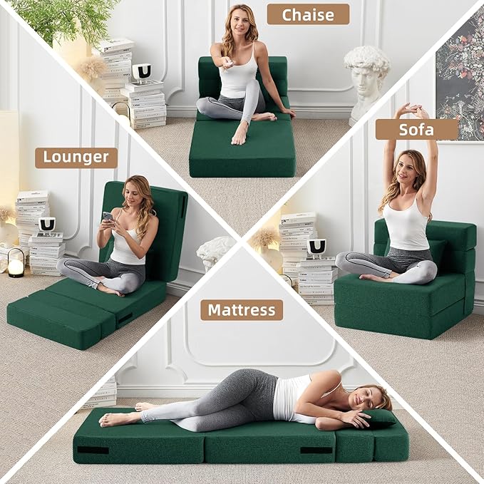 FILUXE Folding Sofa Bed | Convertible Sleeper Chair Bed for Adults, Fold Out Chair to Bed Linen Futon Chair with Pillow, for Home Dorm Apartment RV Living Room, Single Size Dark Green