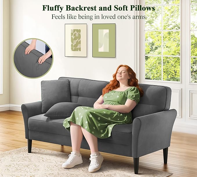 Loveseat Sofa, 69" Love Seat Couches, Comfy Velvet Small Couches for Small Spaces with 2 Pillows, Tool-Free Setup Sofas & Couches, 700lb Load Sofas for Living Room, Mini Couch for Bedroom, Grey Couch