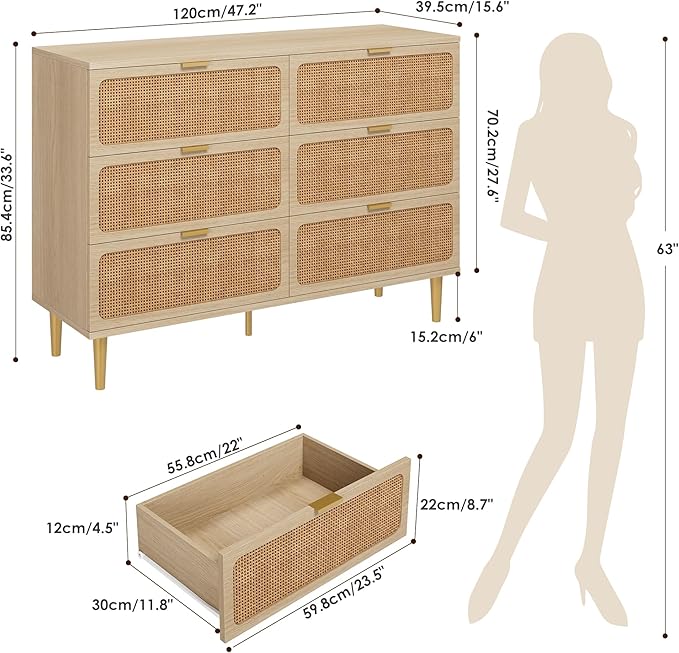 GarveeHome Rattan 6 Drawer Dresser for Bedroom, Large Double Dresser with Deep Drawers, Wooden Chest of Drawers for Closet with Wide Top, for Living Room, Hallway, Kids Room, Natural