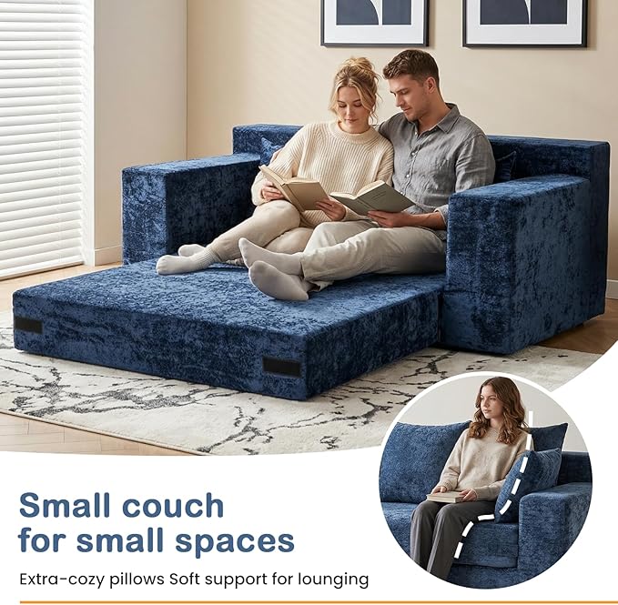 Boneless Loveseat Sleeper Sofa Bed, 3-in-1 Convertible Sofa Bed and Floor Futon Couch (Velvet-Blue, Loveseat (55"))