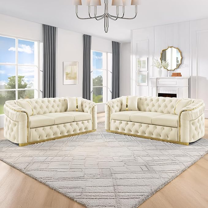 KEIKI 2-Piece Luxury Chesterfield Sofa Set with 2 Oversized Velvet 3-Seater Sofa, Upholstered Modern 6-Seater Button Tufted Couch Set with 4 Pillow, Gold Stainless Decoration, for Living Room, Beige