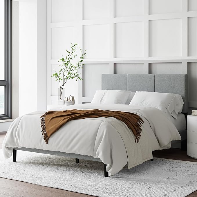 Full Size Bed Frame with Upholstered Headboard, Sturdy Wood Slats, No Box Spring Required, Silent, Easy Assembly,Gray