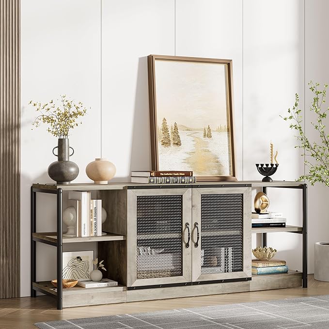 Farmhouse TV Stand for 65/75 inches TVs, Industrial Entertainment Center with Double Mesh Doors and Storage Cabinet, Rustic TV for Living Room, Grey