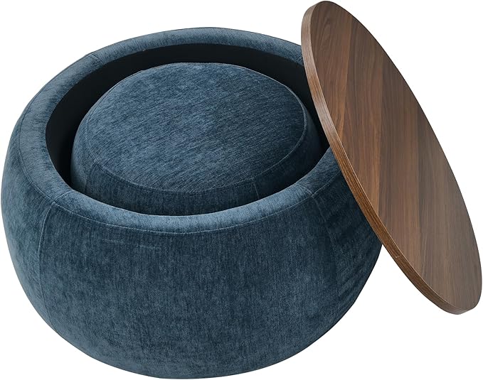 Ball & Cast Round Upholstered Storage-Ottoman Set with Wood Tray, Large Storage Coffee Table w/Footstool & Removable Lid, Dia 25" Padded Bench & End Side-Table for Living Bedroom, Dark Blue