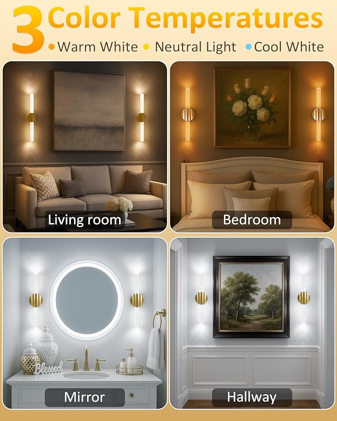Peel and Stick on Wall Sconce set of 2, No Drill Gold Wireless Magnetic Battery Operated Wall Lights with Remote & Touch Control, Dimmable Cordless Wall Lamps for Bedroom Living Room Bathroom Decor