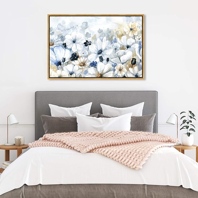 The Oliver Gal Artist Co. Floral and Botanical Wall Art Framed Canvas Prints 'Fields Flowers Home Décor, 36" x 24", Blue, White