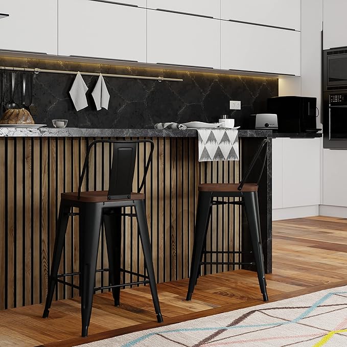 SIMPLIHOME Rayne Industrial Metal 24 inch Metal / Wood Counter Height Stool (Set of 2) in Black for the Dining Room and Kitchen