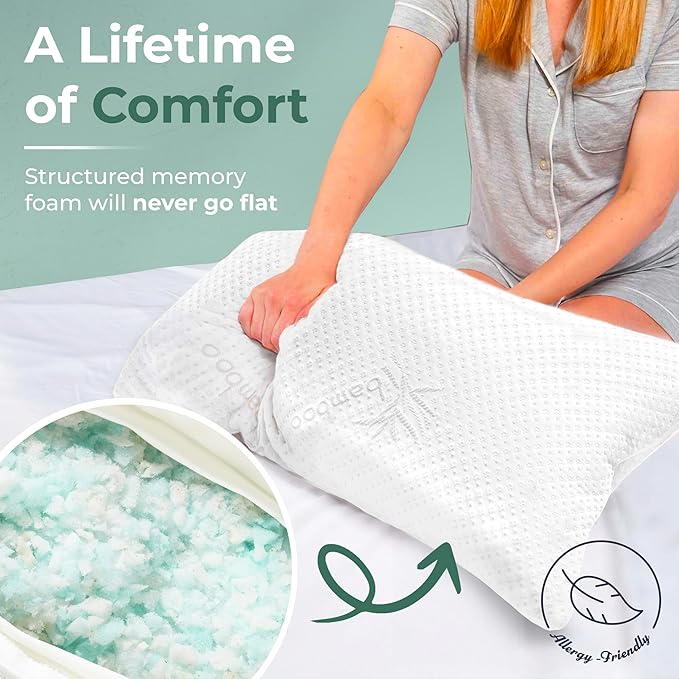 Snuggle-Pedic Adjustable Memory Foam Pillows - ﻿GreenGold Certified Pillow w/ Viscose of Bamboo Cover for Side, Stomach & Back Sleepers - Made in the USA - ﻿Standard