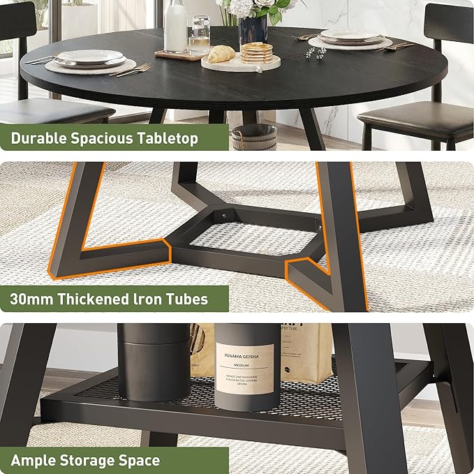 Round Dining Table for 4-6 with Storage Shelf, Kitchen & Dining Room Circle Pedestal Table, Heavy Duty Metal Frame & Wood Top