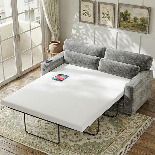 Marsail Pull Out Sofa Bed, Queen Size Sleeper Sofa with Memory Foam Mattress, 2 USB Charging Ports & Removable Covers, Chenille Loveseat Couch for Living Room, Apartment, Light Grey