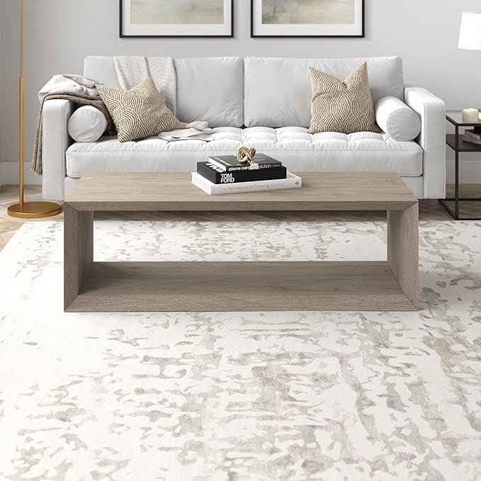 Henn&Hart 58" Rectangular Coffee Table with Open Storage Shelf for Living Room, Family Room, or Office, Weathered Gray