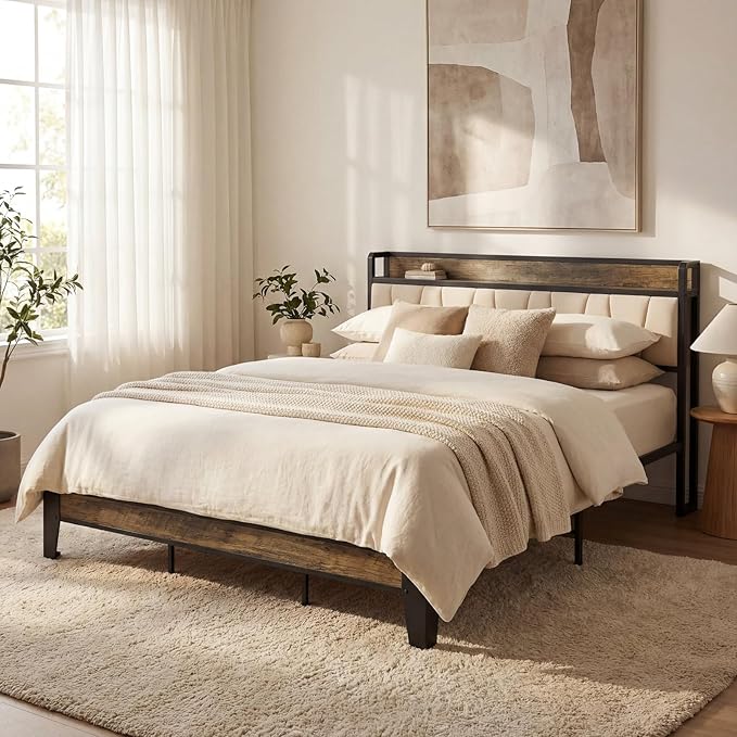 LIKIMIO California King Bed Frame, Storage Headboard with Charging Station, Solid and Stable, Noise Free, No Box Spring Needed, Easy Assembly (Walnut and Beige)