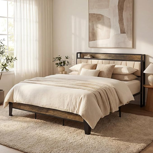 LIKIMIO California King Bed Frame, Storage Headboard with Charging Station, Solid and Stable, Noise Free, No Box Spring Needed, Easy Assembly (Walnut and Beige)