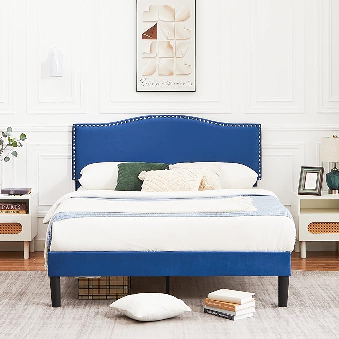 VECELO Queen Bed Frame Platform Bed Frame with Upholstered Headboard, Strong Frame and Wooden Slats Support, Strong Weight Capacity, Non-Slip and Noise-Free, Easy Assembly,Dark Blue