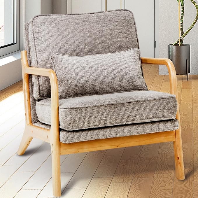 Modern Accent Chair Set of 2 with Lumbar Pillow, Relaxing Mid Century Chair Armchair with Solid Wood Frame & Soft Cushion, Reading Leisure Armchair for Living Room, Grey