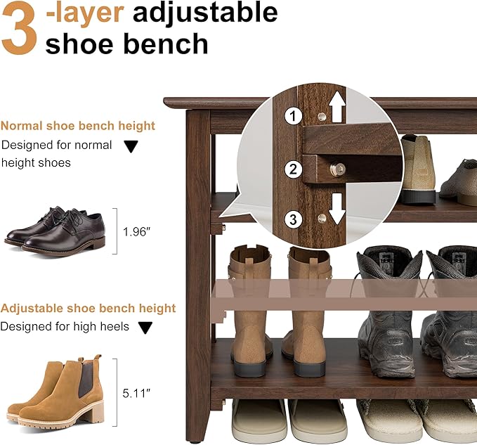 Shoe Rack Bench, 4-Tier Shoe Shelf Organizer, 39.4" Entryway Storage Bench for Hallway, Bedroom, Living Room, Bedroom, Hold up to 550 lbs, Solid Wood, Dark Brown