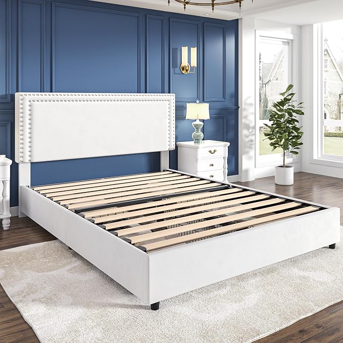 VECELO Queen Size Upholstered Platform Bed Frame with 4 Storage Drawers, Adjustable Velvet Rivet Decor Headboard, Wooden Slats Support, No Box Spring Needed, Easy Assembly