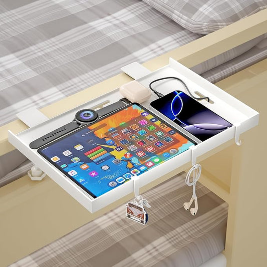 Foldable Bedside Shelf, Metal Clip-On Bed Tray Table for Bunk Bed & Dorm Beds, Dorm Room Essentials Organizer for College Students, Floating Tray, Space Saving Nightstand for Loft Beds (White, Large)