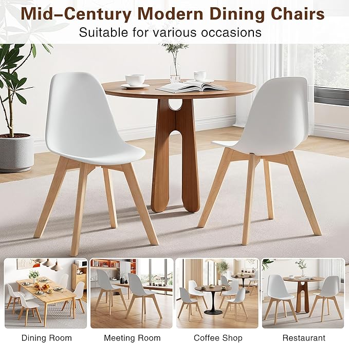 VECELO Dining Chairs Set of 4, Mid-Century Modern Kitchen & Dining Room Chairs, Molded Plastic Seat & Back, Solid Wood Legs, Armless, Non-Slip Feet, White