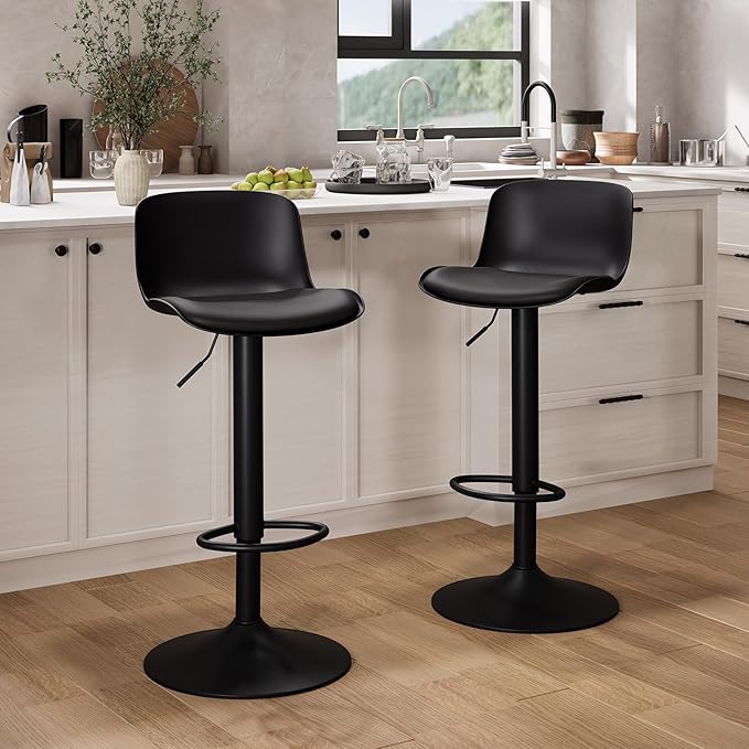 YOUTASTE All Black Bar Stools Set of 2, Adjustable Swivel Counter Height Barstools with Back, Plastic&PU Leather Cushioned Bar Chair Seats, Metal Footrest, Black Round Base for Kitchen Island