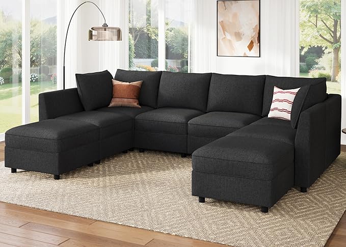 HONBAY Modular Sectional Sofa Couch with Storage, Modern U Shaped Sectional Sofa, Convertible Couches for Living Room - Linen Grey
