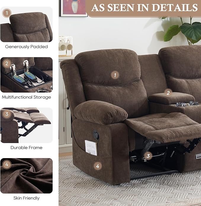 Loveseat Recliner Sofa, Manual Recliner Loveseat with Console, Modern Chenille Sofa Sleeper Deep Couches with Cup Holders and Side Pocket for Living Room/Office/Apartment (Brown) | Heating and Massage, Hidden Drawer