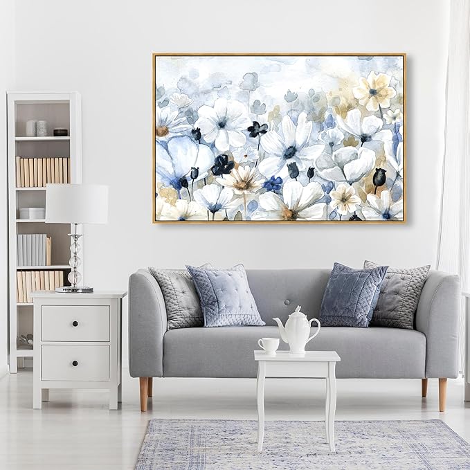 The Oliver Gal Artist Co. Floral and Botanical Wall Art Framed Canvas Prints 'Fields Flowers Home Décor, 54" x 36", Blue, White