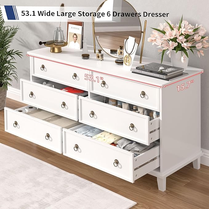 Large Dressers for Bedroom, 53.1" Wide White Farmhouse Dresser 6 Drawers, Wood Large Chest of Drawers for Bedroom, Living Room, Hallway