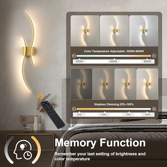 Battery Operated Wall Sconces Set of Two with Remote Control, Battery Wall Light, Stepless Colors 3000K-6000K & Dimming, Gold Rechargeable Wall Sconces for Living Room, Hallway, Bedroom, 39.3 Inch