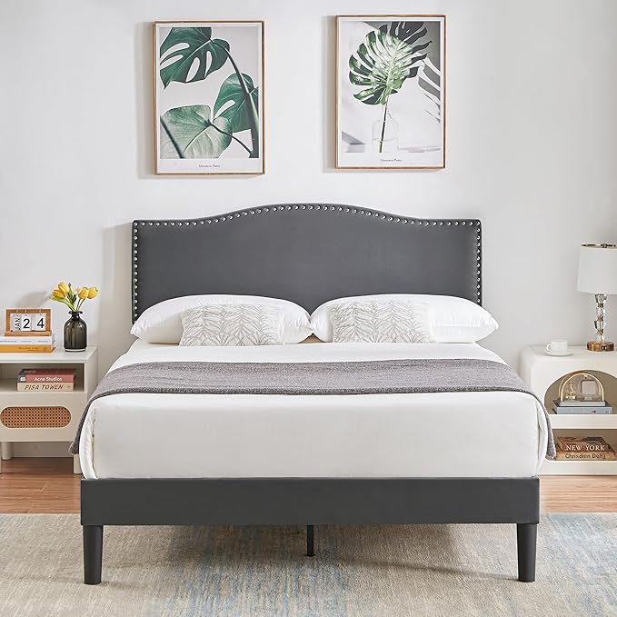 VECELO Full Bed Frame Platform Bed Frame with Upholstered Headboard, Strong Frame and Wooden Slats Support, Strong Weight Capacity, Non-Slip and Noise-Free, Easy Assembly,Dark Grey
