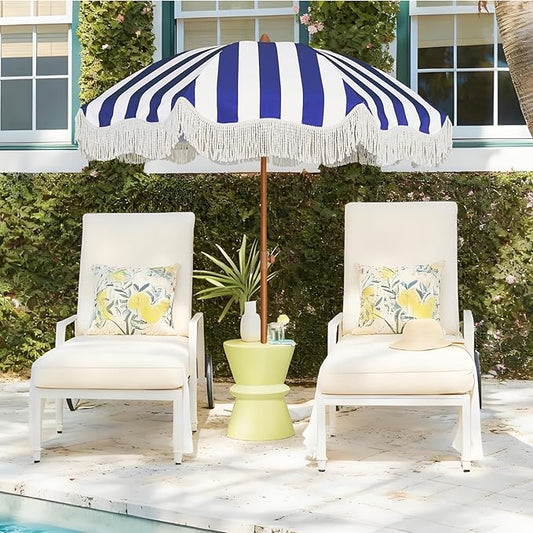 AMMSUN Boho Fringe Umbrella Outdoor Patio, 6.5ft UPF50+ Picnic Umbrella with Tassels with Steel Pole and Push Button Tilt, Navy Stripe