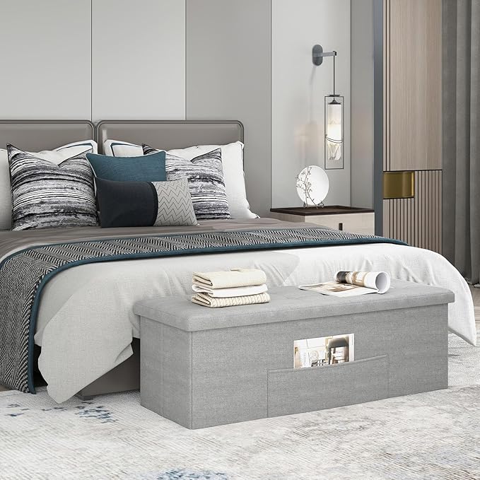 Giantex Storage Ottoman Bench, 43"L Folding Foot Rest Storage Chest with Side Pocket, Divider, Padded Seat Shoe Bench for Living Room Bedroom Hallway Entryway End of Bed (Light Gray)