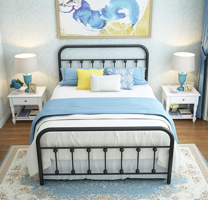 NACHTIMOOR Full Platform Metal Bed Frame with Headboard and Footboard,Vintage Victorian Style Mattress Foundation, No Box Spring Required, Under Bed Storage (Full, Black)