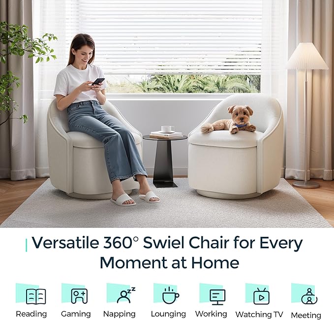 LINSY Swivel Accent Chair Set of 2, Comfy Chenille Barrel Chairs with Storage 360 Swivel Modern Armchair for Living Room Bedroom, Small Boucle Reading Chair for Study Room (Beige)