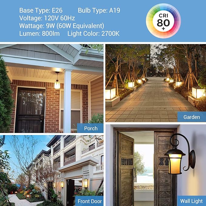 DEWENWILS 4 Pack A19 Dusk to Dawn LED Light Bulbs Outdoor, 9W (60W Equivalent) LED Light Bulb 2700K Warm White, Automatic On/Off Light Bulbs for Porch Courtyard, 800 LM, E26 Base, UL Listed